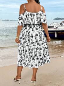 SHEIN Clasi Plus Size Women Off Shoulder Big Floral Print Waist Cinched Dress - Black and White - View 2