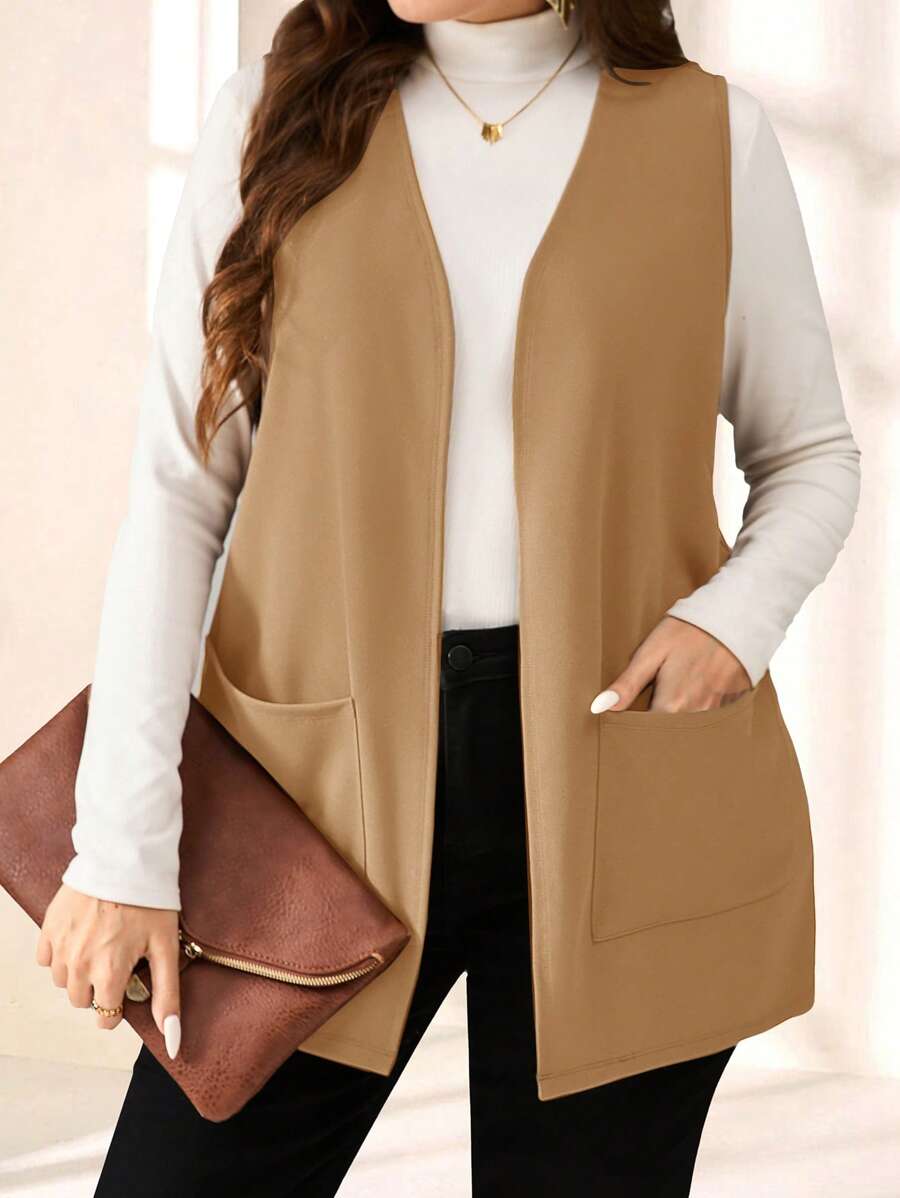 EMERY ROSE Plus Size Solid Color Sleeveless Loose Pocket Simple Casual Jacket,Spring/Summer In Fall/Winter - Camel - View 1