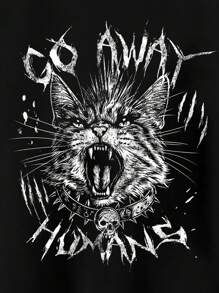 ROMWE Goth 加大码女式哥特猫印花和网眼拼接宽松T恤，返校季 - 黑色 - 查看 3