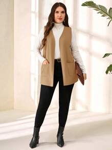 EMERY ROSE Plus Size Solid Color Sleeveless Loose Pocket Simple Casual Jacket,Spring/Summer In Fall/Winter - Camel - View 3