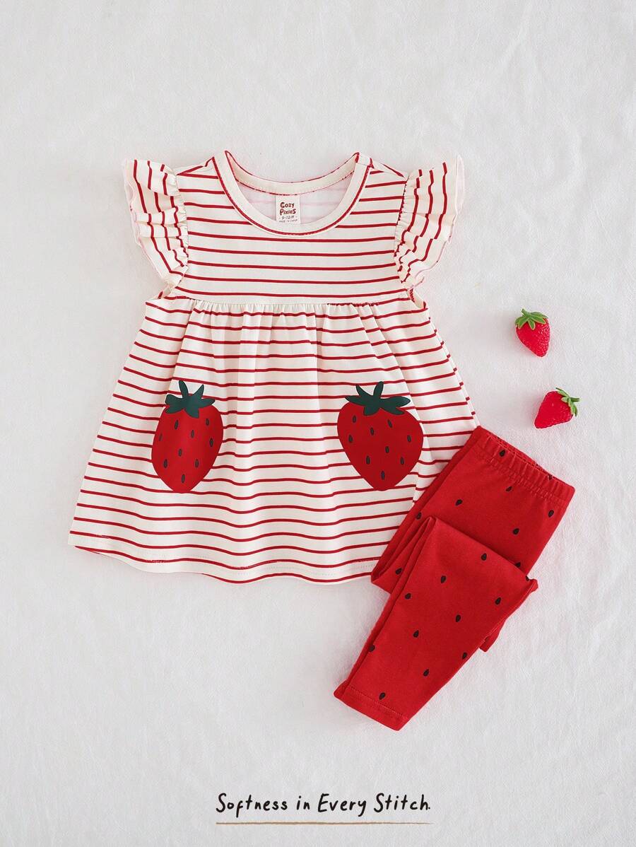 Cozy Pixies Baby Girl Strawberry Pattern Round Neck Ruffle Trim Pullover Top And Elastic Waist Pants 2 Pieces Set