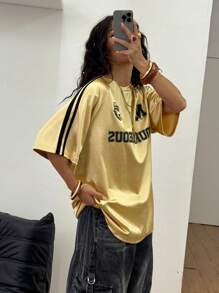 Coolane 女士夏季大码图案运动衫 T 恤，带金属银色，适合音乐节和运动装 - 卡其色 - 查看 5