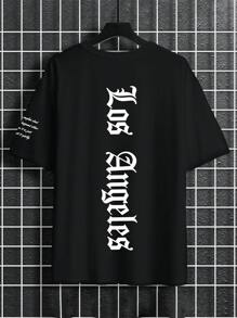 Manfinity LEGND 2025 新款夏季男士加大码哥特式字母印花短袖 T 恤，街头风格 - 黑色 - 查看 2