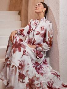 Graceveil Women's Floral Print Ruffled Tie Neck Dress For Vacation Fall Cloth For Women - Red - View 3