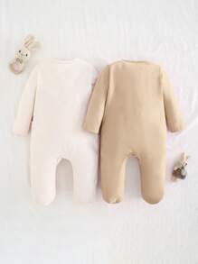 Cozy Pixies 2 peças Conjunto de Macacão de Malha Sólida de Manga Longa com Gola Redonda Macia para Recém-Nascido Menino, Adequado para Primavera, Verão, Outono e Inverno, para Uso Interno e Externo - Caqui - Visão 2