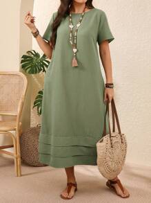 EMERY ROSE Plus Size Solid Color Short Sleeve Casual Vacation Dress Spring Outfits For Women Vacation Country Sage Green - Mint Green - View 3