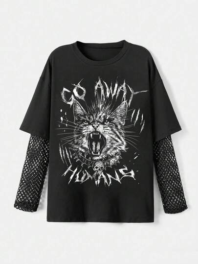 Goth Plus Size Gothic Cat Print & Mesh Panel Loose T-Shirt For Women, Back To School