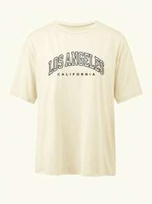 洛杉矶加州风女式宽松圆领休闲字母印花 T 恤 - 杏色 - 查看 3