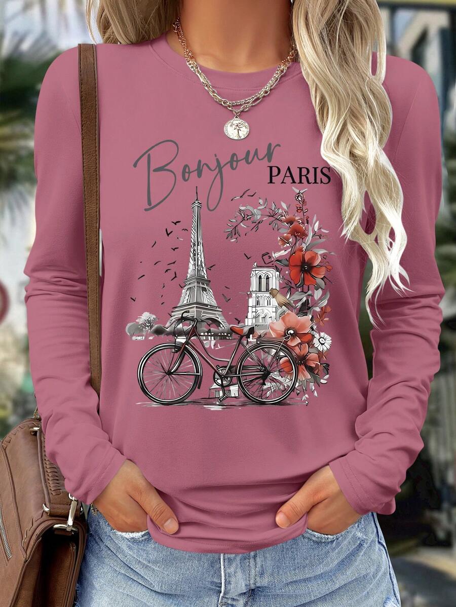 SHEIN LUNE 浪漫巴黎主题正面图案印花休闲舒适百搭长袖 T 恤女款，春夏季 - 玫瑰紅 - 查看 1