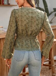 LanaWest Women's Hollow Embroidered Lace Patchwork Round Neck Blouse Fall Cloth For Women - Army Green - View 2
