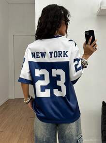 Coolane 女士和男士夏季情侣同款外出街头装数字图案足球球衣 T 恤 - 藍色 - 查看 2