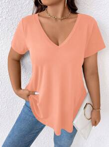 EMERY ROSE Plus Size Plain V-Neck Short Sleeve T-Shirt, Fashionable For Summer - Baby Pink - View 6