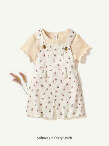 Cozy Pixies 2pcs/Set Baby Girl Solid Knit Soft Crew Neck Short Sleeve Top And Ditsy Floral Overall Shorts