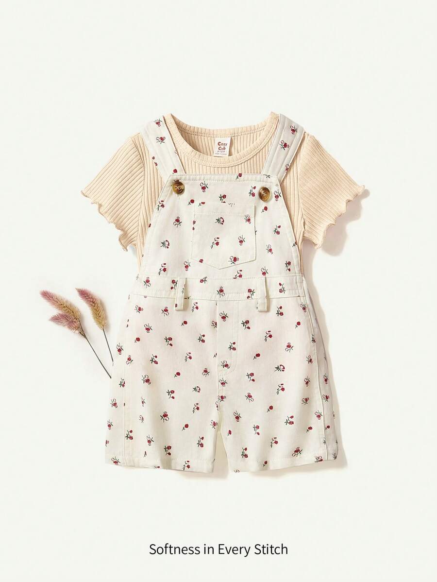 Cozy Pixies 2pcs/Set Baby Girl Solid Knit Soft Crew Neck Short Sleeve Top And Ditsy Floral Overall Shorts