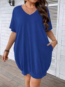SHEIN LUNE Plus Size Solid Color Short Sleeve V-Neck Dress, Fashionable For Summer - Blue - View 8