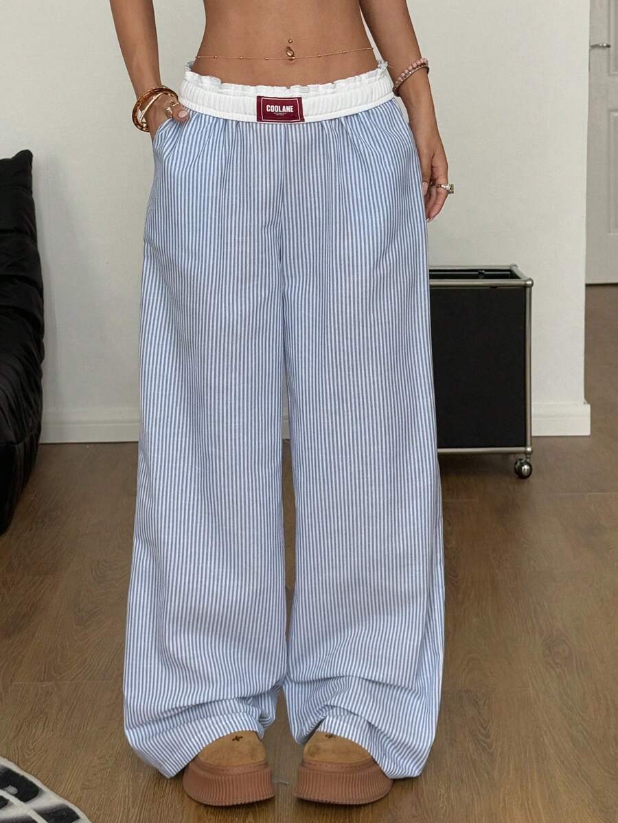 Coolane 女式条纹阔腿休闲裤 - 藍白色 - 查看 1