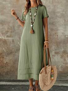 EMERY ROSE Plus Size Solid Color Short Sleeve Casual Vacation Dress Spring Outfits For Women Vacation Country Sage Green - Mint Green - View 8