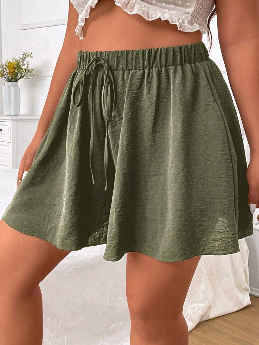 Flirla Plus Size Plain Casual Shorts, Suitable For Summer - Green - View 1