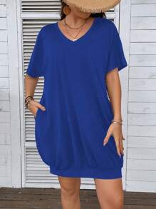 SHEIN LUNE Plus Size Solid Color Short Sleeve V-Neck Dress, Fashionable For Summer - Blue - View 7