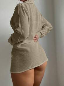 SHEIN Swim 1pc Plain Front Button Long Sleeve Casual Cover Up Kimono Suitable For Beach - Khaki - View 3
