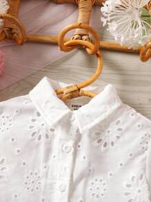 SHEIN Babygirl Shirt Top, Woven Short Sleeve Embroidered Collar Blouse, Suitable For Vacation, Outing, Countryside And More