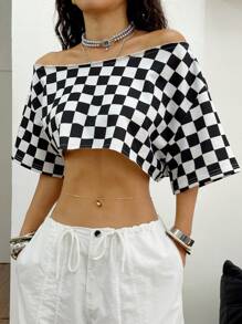 Coolane Camiseta suelta con cuello asimétrico de estilo vintage Y2K a cuadros, para el estilo callejero de verano de las mujeres en festivales de música