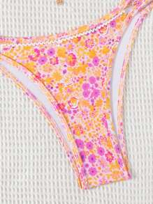 SHEIN Swim Women's Ditsy Floral Halter Bikini Set With Ruffles Decor, Suitable For Beach Holiday, Consists Of Top & Bottom For Summer Beach Vacation - Multicolor - View 5