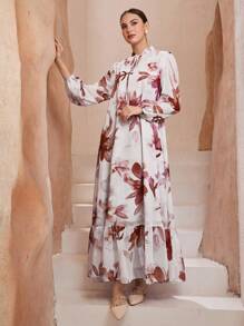 Graceveil Women's Floral Print Ruffled Tie Neck Dress For Vacation Fall Cloth For Women - Red - View 7