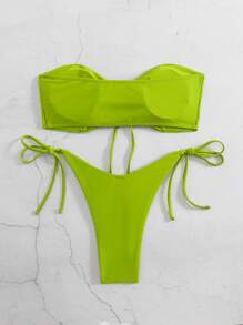 SHEIN Swim Women's Summer Beach Solid Color Bandeau Tie Front Sexy Bikini Swimsuit Set, Wireless - Olive Green - View 2