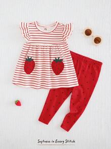 Cozy Pixies Baby Girl Strawberry Pattern Round Neck Ruffle Trim Pullover Top And Elastic Waist Pants 2 Pieces Set