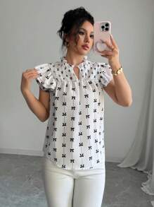 Chiquease Women's Butterfly Print V-Neck Ruffle Hem Hollow Out A-Line Blouse - White - View 3