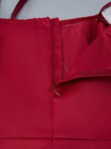 Vestido formal de manga larga con cuello en V, tirantes, parche, satín y organza, dobladillo con volantes y moño decorativo, adecuado para fiestas, bodas, San Valentín, niña de las flores, para adolescentes