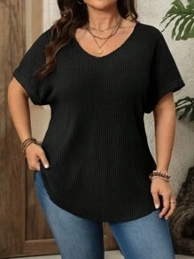 EMERY ROSE 大码女式蓝色V领罗纹拉绒宽松度假上衣日常休闲春夏春假 - 黑色 - 查看 5