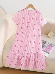 SHEIN Leap Crew Tween 女童蝴蝶结条纹圆领短袖宽松 A 字形连衣裙 - 粉色 - 查看 3
