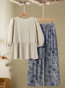 Linhara Plus Size Women's Tie Front Shirt & Printed Wide Leg Pants Casual Suit - Blue - View 2