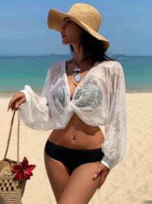 DAZY غطاء رومانسي فرنسي بياقة على شكل حرف V مزخرف بزهور ثلاثية الأبعاد من الدانتيل الشفاف بأكمام طويلة، أنيق ومتطور، ملابس نسائية للشاطئ والعطلات