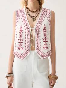 Florisole Women's Boho Woven Fabric Top With Red Embroidery, V-Neck, And Asymmetrical Hem - Red - View 5