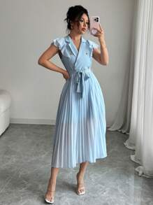 Chiquease Women Elegant Pleated V-Neck Flare A-Line Dress, Solid Color - Baby Blue - View 3