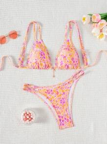 SHEIN Swim Women's Ditsy Floral Halter Bikini Set With Ruffles Decor, Suitable For Beach Holiday, Consists Of Top & Bottom For Summer Beach Vacation - Multicolor - View 1