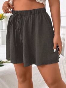 Flirla Plus Size Solid Color Fashion Shorts, Summer - Dark Grey - View 3