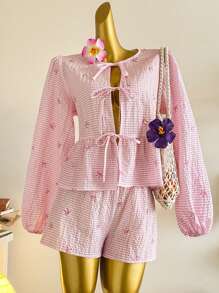 SHEIN EZwear Women Casual Cute Tie Front Long Sleeve Blouse, Suitable For Summer, Butterfly & Striped Print