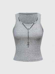 ROMWE J-Fashion Y2K Retro Chain & Bead Pierced Cross Detail Sleeveless Women Tank Top - Grey - View 1