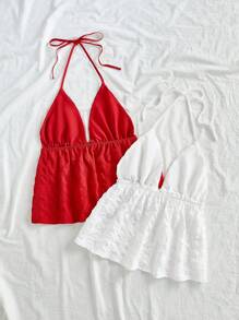 Soleia 2pcs/Set Women Casual Backless Ruched Halter Tie Knot Cami Top Set, Suitable For Summer, Vintage Retro Style, Casual Holiday Style, Sexy Style, Cute Y2K Coconut Girl Boho Music Festival Styles