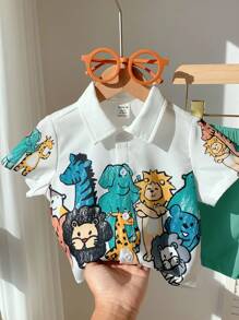 SHEIN Bộ 2 món/Bộ đồ cho bé trai/bé gái dễ thương họa tiết hoạt hình áo sơ mi tay ngắn và quần short kaki cạp chun, mùa hè - Nhiều màu - Xem 7