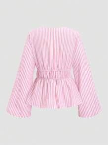 Sweetra 女士条纹系带长袖衬衫，简约风格适合夏季