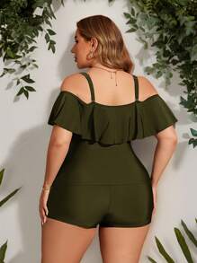 Swim Chiccia 1pc Plus Size Women Black Ruffle Trim Bandeau Style Bikini Top - Army Green - View 2
