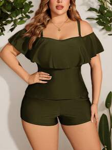 Swim Chiccia 1pc Plus Size Women Black Ruffle Trim Bandeau Style Bikini Top - Army Green - View 6