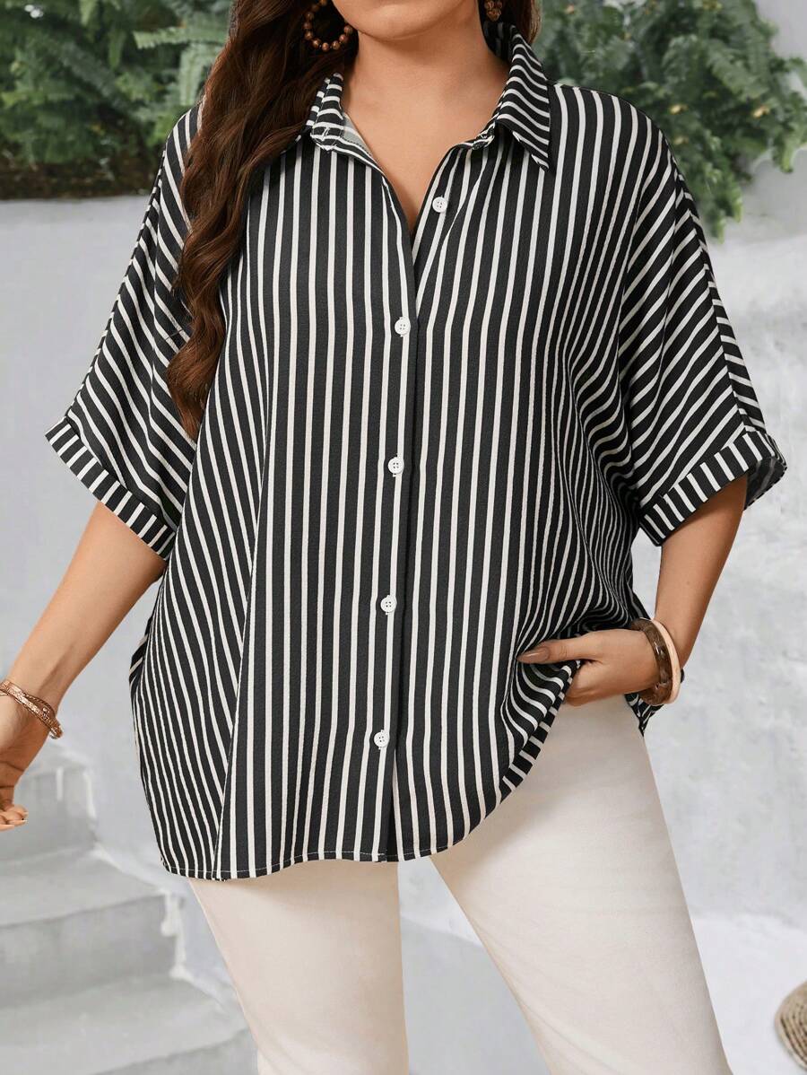 Camisa De Manga Corta Con Lazo A Rayas - Estilo Universitario Americano, Tops Puntiagudo, Moda Verano