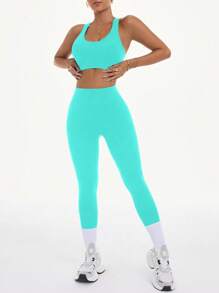 SHEIN Cheerettes Women's Solid Color Sports Tank Top & Pants Set, Minimalist And Fashionable, Suitable For Summer Workout Women Sets - Green - View 4