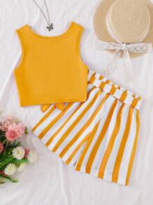 SHEIN Knot Hem Tank Top & Striped Paperbag Waist Belted Short - Yellow - View 2